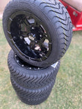 12” Glossy Black Vampire Golf Cart Wheels Mounted to 215/40-12 Low Profile Tires