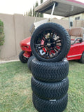 12” Glossy Black Vampire Golf Cart Wheels Mounted to 215/40-12 Low Profile Tires