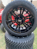 12” Glossy Black Vampire Golf Cart Wheels Mounted to 215/40-12 Low Profile Tires