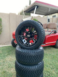 12” Glossy Black Vampire Golf Cart Wheels Mounted to 215/40-12 Low Profile Tires