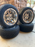 12” VENOM GOLF CART WHEELS MOUNTED TO 215/40-12 LOW PROFILE TIRES