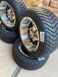 12” VENOM GOLF CART WHEELS MOUNTED TO 215/40-12 LOW PROFILE TIRES