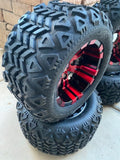 10” VAMPIRE RED/BLACK GOLF CART WHEELS AND ALL TERRAIN TIRES