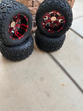 10” VAMPIRE RED/BLACK GOLF CART WHEELS AND ALL TERRAIN TIRES