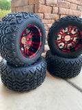 10” VAMPIRE RED/BLACK GOLF CART WHEELS AND ALL TERRAIN TIRES
