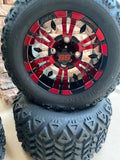 10” VAMPIRE RED/BLACK GOLF CART WHEELS AND ALL TERRAIN TIRES