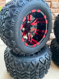 10” VAMPIRE RED/BLACK GOLF CART WHEELS AND ALL TERRAIN TIRES
