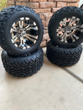 10” VAMPIRE MACHINED BLACK GOLF CART WHEELS AND ALL TERRAIN TIRES