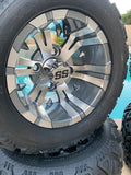 10” VAMPIRE GUN METAL GOLF CART WHEELS AND ALL TERRAIN TIRES