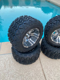 10” VAMPIRE GUN METAL GOLF CART WHEELS AND ALL TERRAIN TIRES