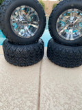 10” VAMPIRE GUN METAL GOLF CART WHEELS AND ALL TERRAIN TIRES