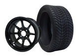 14” HYDRA BLACK GOLF CART WHEELS MOUNTED TO 205/30-14 LOW PROFILE TIRES