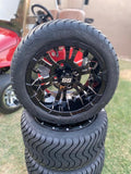 12” Glossy Black Vampire Golf Cart Wheels Mounted to 215/40-12 Low Profile Tires