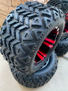 10” VAMPIRE RED/BLACK GOLF CART WHEELS AND ALL TERRAIN TIRES