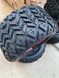 10” VAMPIRE RED/BLACK GOLF CART WHEELS AND ALL TERRAIN TIRES