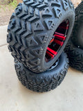 10” VAMPIRE RED/BLACK GOLF CART WHEELS AND ALL TERRAIN TIRES