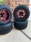10” VAMPIRE RED/BLACK GOLF CART WHEELS AND ALL TERRAIN TIRES