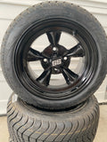 12” GOD FATHER (BLACK) WHEELS MOUNTED TO 215/40-12 LOW PROFILE TIRES